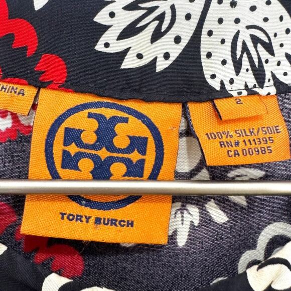 Tory Burch Red Navy Floral Silk Button Front Dress Size 2 - Picture 2 of 7